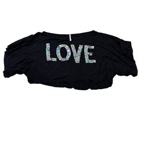 a'gaci Black Crop Top with sequin LOVE Graphic oversized shirt Medium GUC